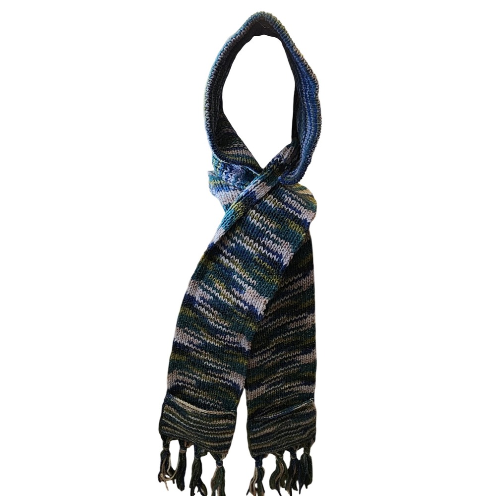 Handknit Hooded Pocket Scarf Unisex OS Blue Green Excellent Cottagecore Boho
